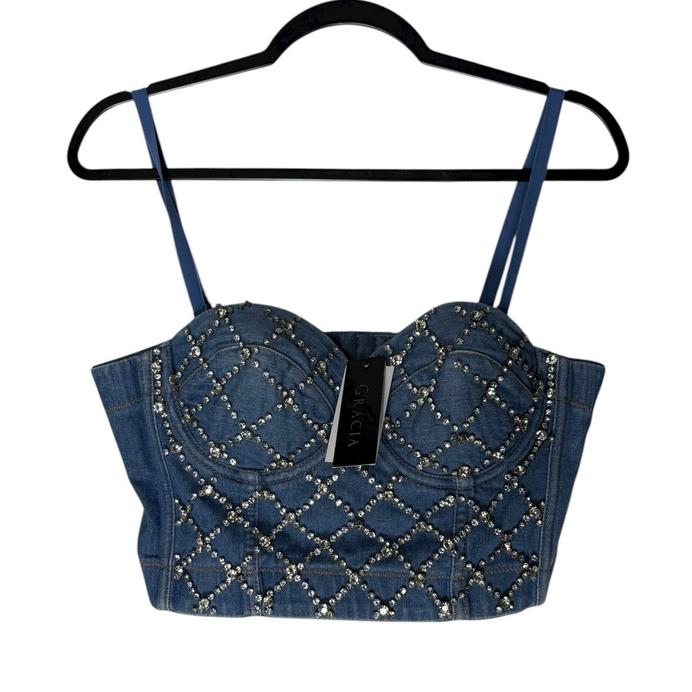 Gracia Denim Rhinestone Bustier Crop Top Women’s Sz Medium 38C Blue Studded NWT